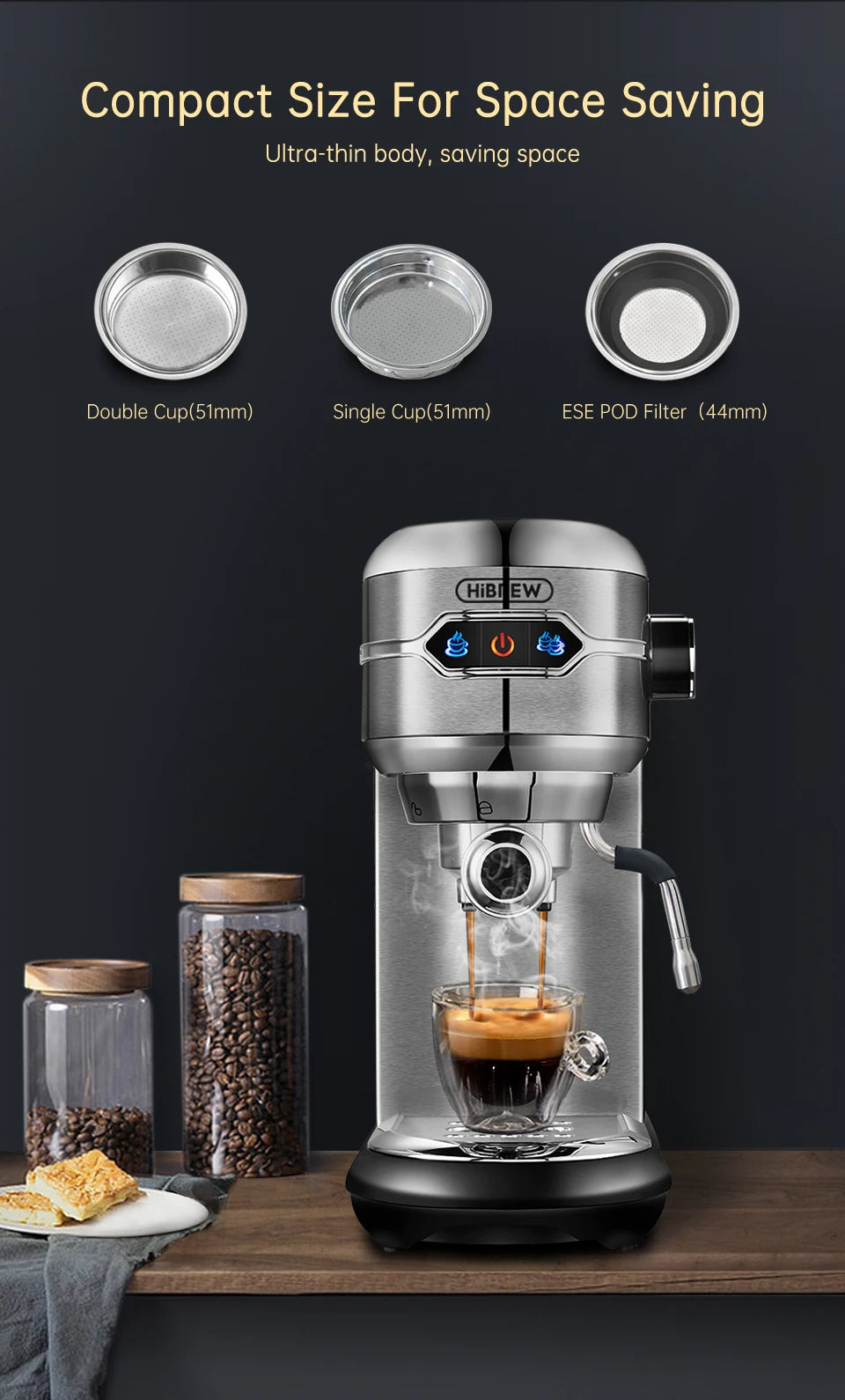 HiBREW Coffee Maker Cafetera 20 Bar Inox Semi Automatic Super Slim ESE POD& Powder Espresso Cappuccino Machine Hot Water H11